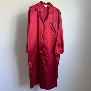 Kathryn sz S Red Satin Long Nightgown Robe Embroidered Pocket Luxury
